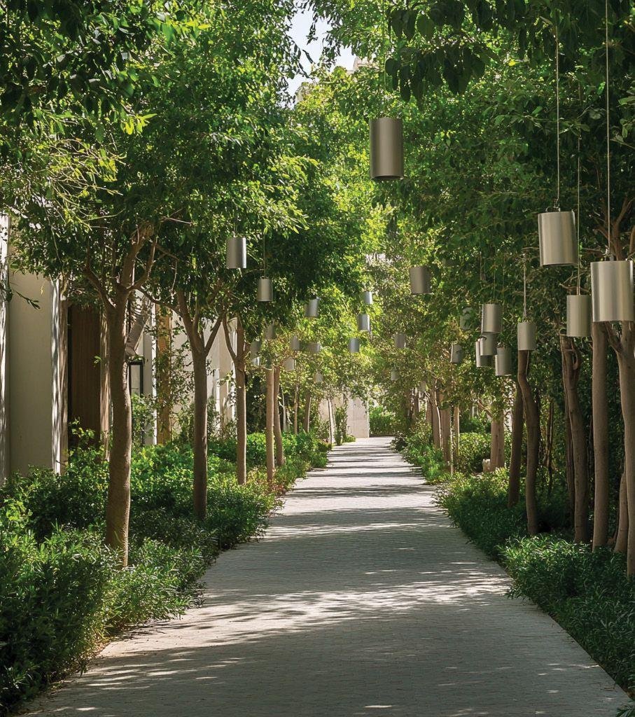 Shaded walking trails and landscaped plazas at Fay Hills, Masdar City offering luxury lifestyle and family-friendly community spaces.